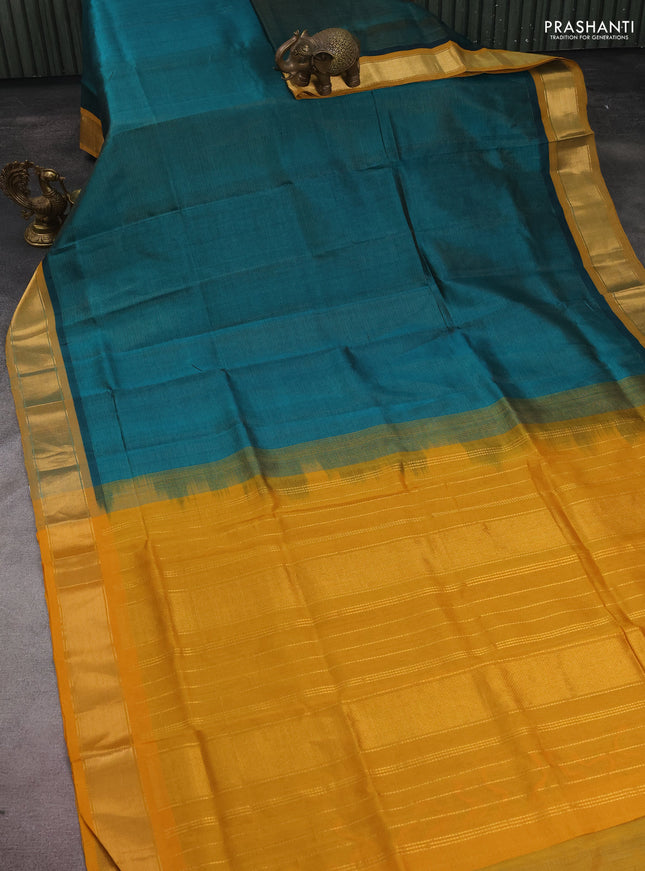 Silk cotton saree teal green and mustard yellow with allover vairosi pattern and zari woven border