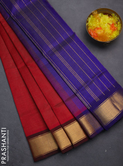 Silk cotton saree red and blue with allover vairosi pattern and zari woven border