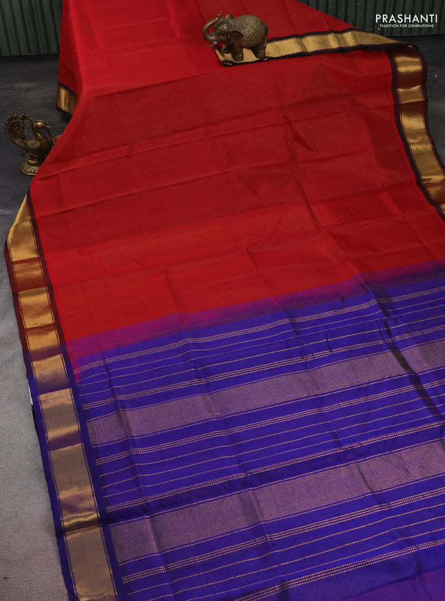 Silk cotton saree red and blue with allover vairosi pattern and zari woven border
