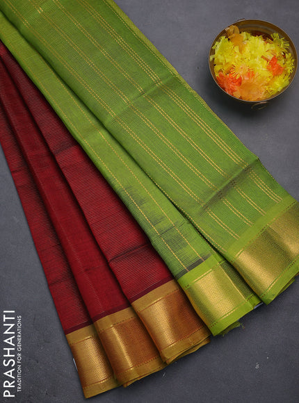 Silk cotton saree maroon and light green with allover vairosi pattern and zari woven border