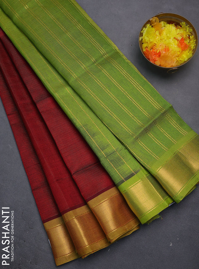 Silk cotton saree maroon and light green with allover vairosi pattern and zari woven border