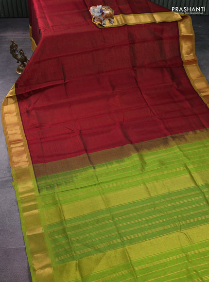 Silk cotton saree maroon and light green with allover vairosi pattern and zari woven border