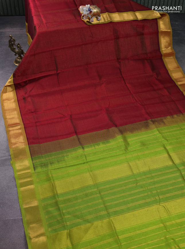 Silk cotton saree maroon and light green with allover vairosi pattern and zari woven border