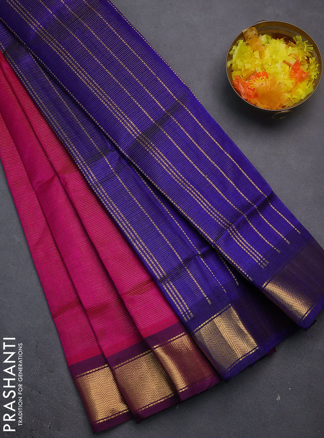 Silk cotton saree pink and blue with allover vairosi pattern and zari woven border