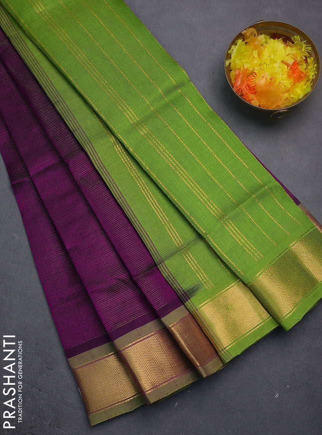 Silk cotton saree purple and light green with allover vairosi pattern and zari woven border
