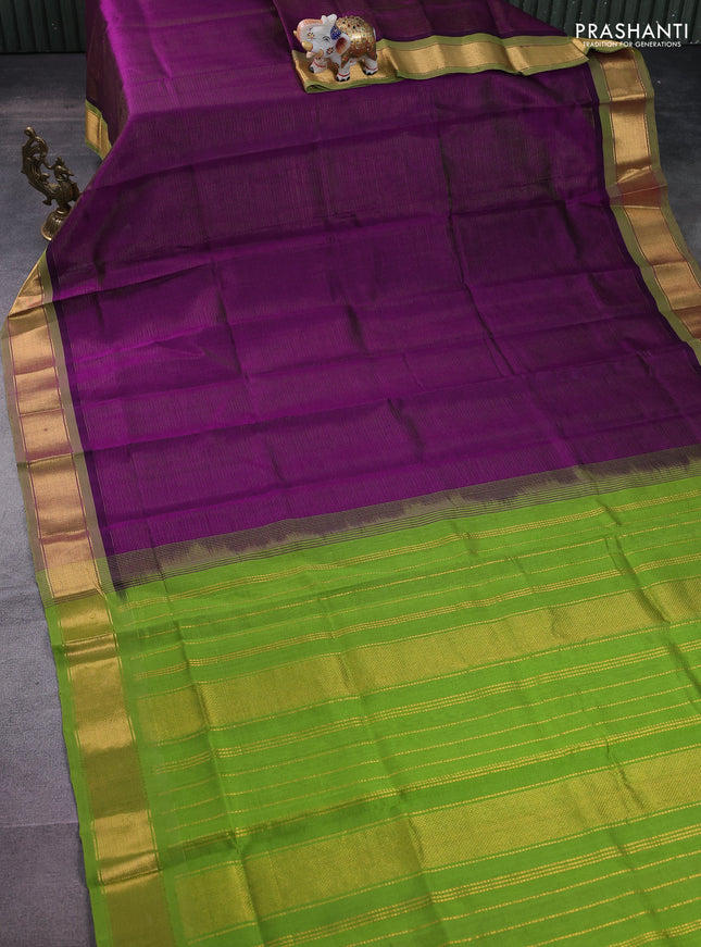Silk cotton saree purple and light green with allover vairosi pattern and zari woven border