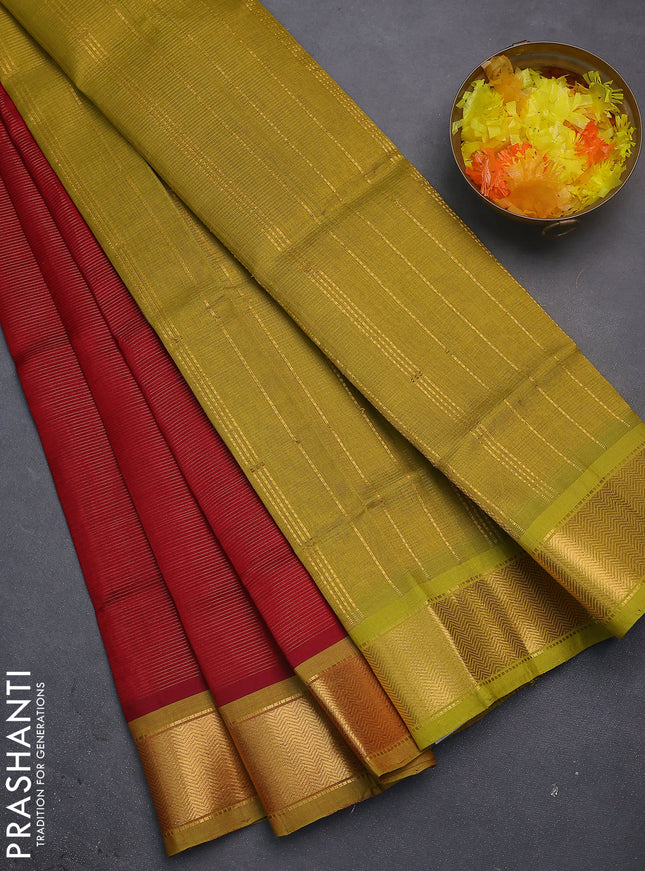 Silk cotton saree red and lime green with allover vairosi pattern and zari woven border
