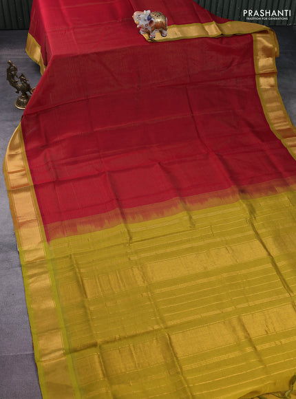 Silk cotton saree red and lime green with allover vairosi pattern and zari woven border