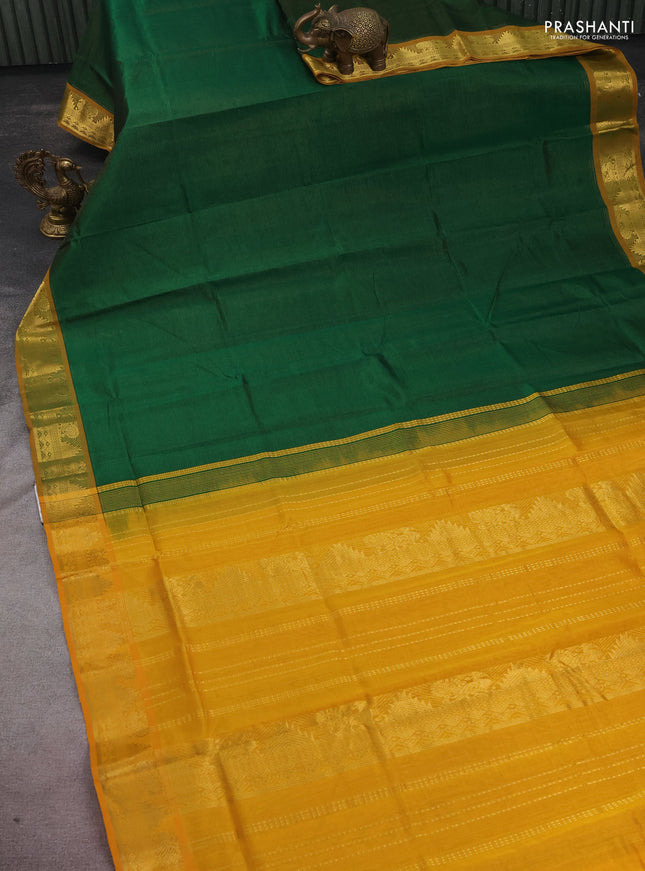 Silk cotton saree green and mustard yellow with allover vairosi pattern and zari woven border