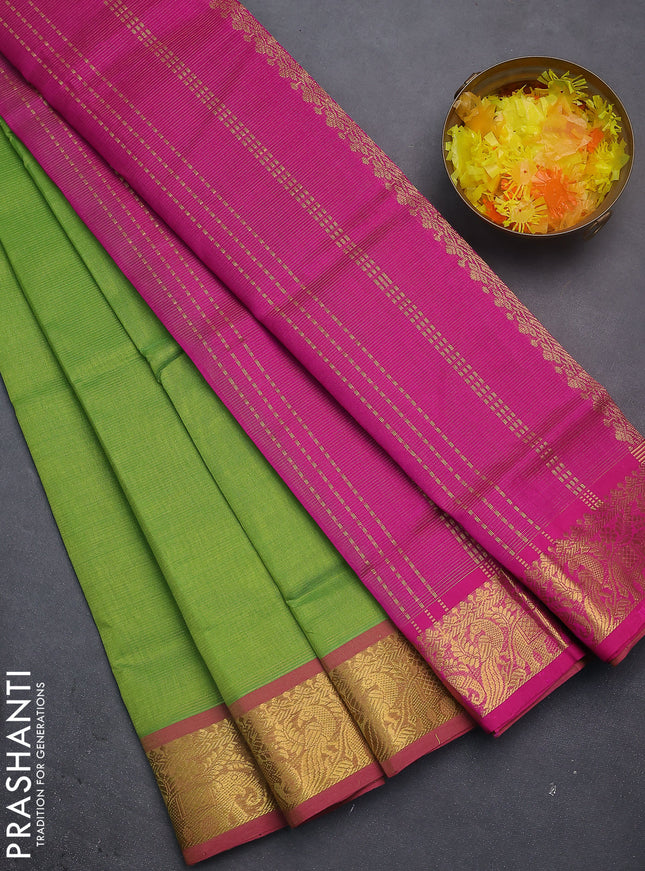 Silk cotton saree light green and pink with allover vairosi weaves & buttas and rich zari woven border