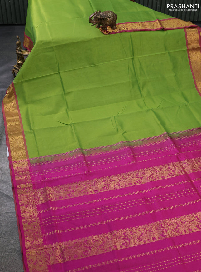 Silk cotton saree light green and pink with allover vairosi weaves & buttas and rich zari woven border
