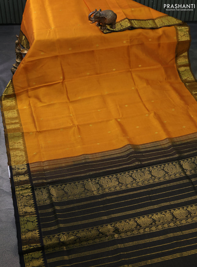 Silk cotton saree mustard yellow and black with allover vairosi weaves & buttas and rich zari woven border
