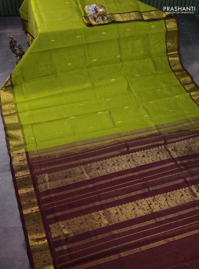 Silk cotton saree light green and coffee brown with allover vairosi weaves & buttas and rich zari woven border