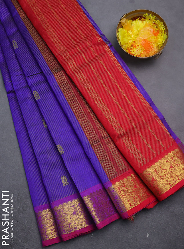 Silk cotton saree blue and red with allover vairosi weaves & buttas and rich zari woven border