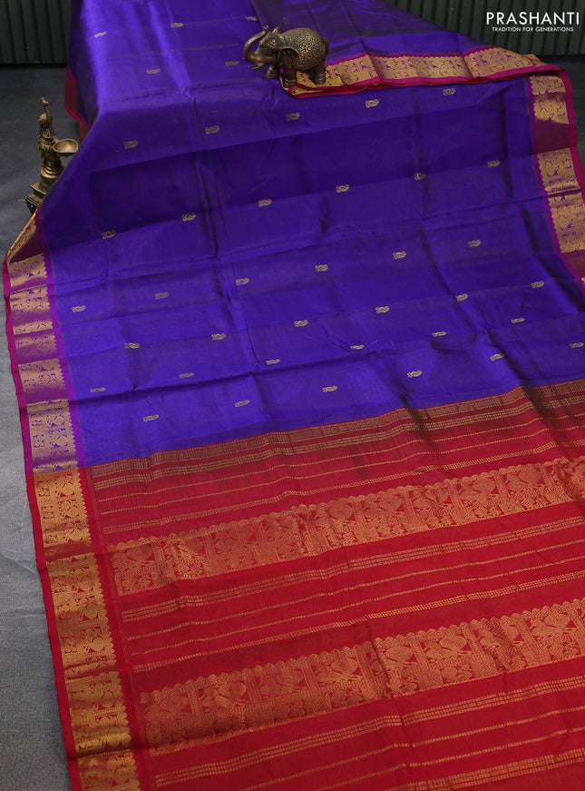 Silk cotton saree blue and red with allover vairosi weaves & buttas and rich zari woven border