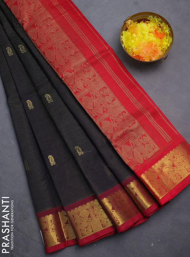 Silk cotton saree black and red with allover vairosi weaves & buttas and rich zari woven border