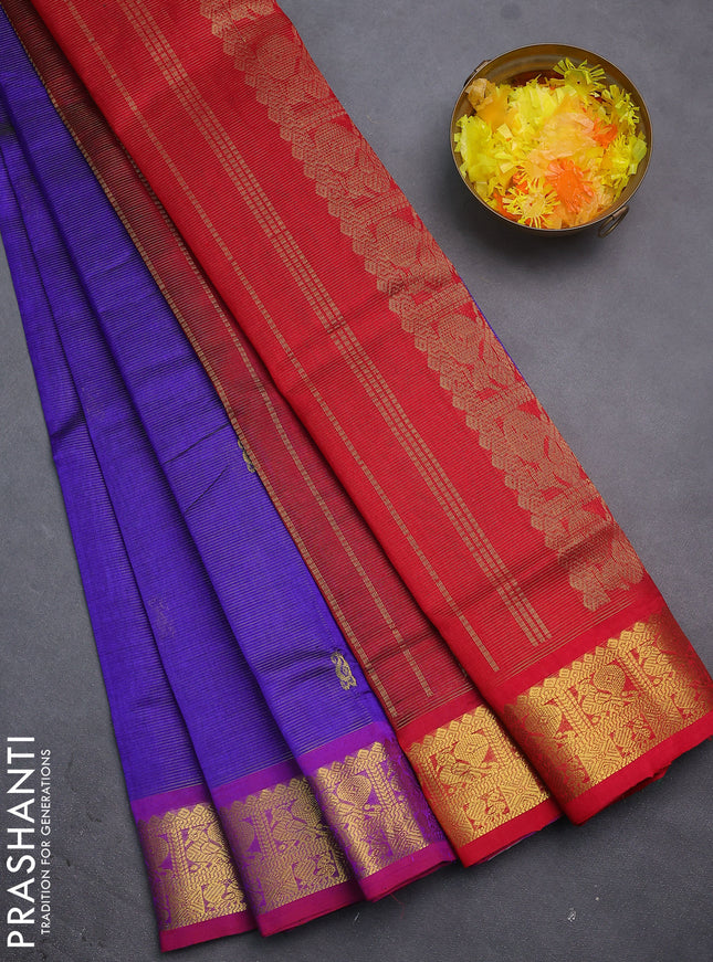 Silk cotton saree blue and red with allover vairosi weaves & buttas and rich zari woven border