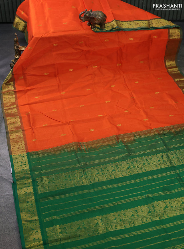 Silk cotton saree orange and green with allover vairosi weaves & buttas and rich zari woven border