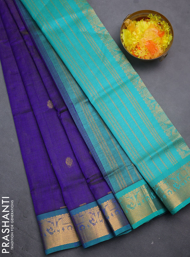 Silk cotton saree blue and teal blue with allover vairosi weaves & buttas and rich zari woven border