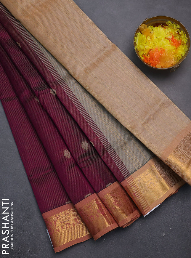 Silk cotton saree purple and sandal with allover vairosi weaves & buttas and elephant zari woven border