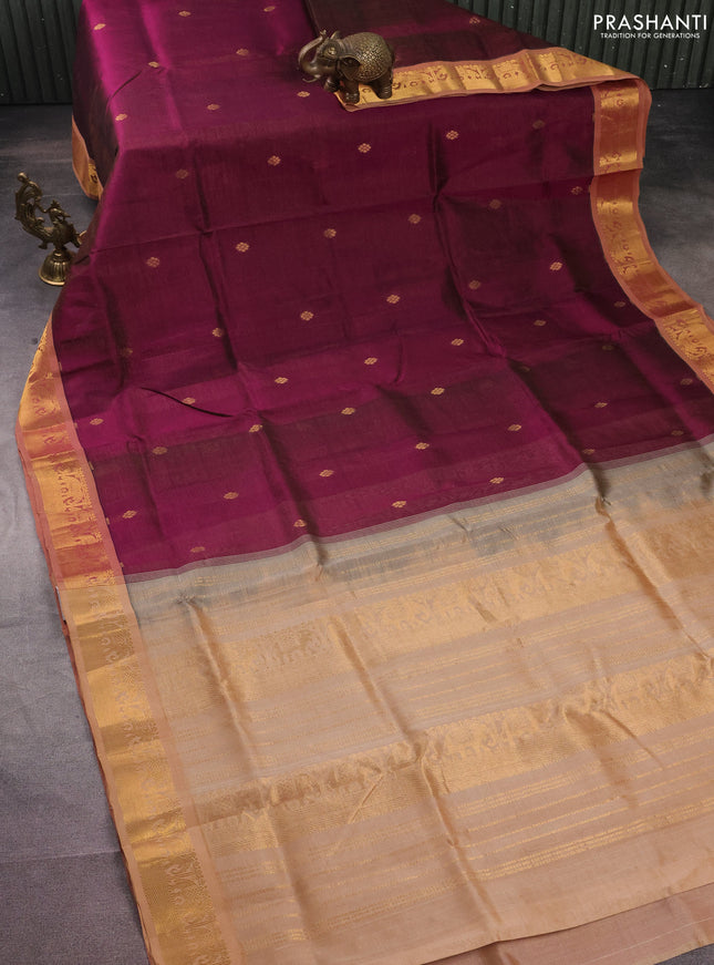 Silk cotton saree purple and sandal with allover vairosi weaves & buttas and elephant zari woven border
