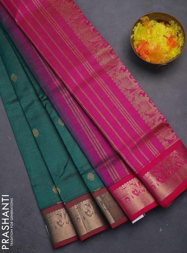 Silk cotton saree green and pink with allover vairosi weaves & buttas and elephant zari woven border