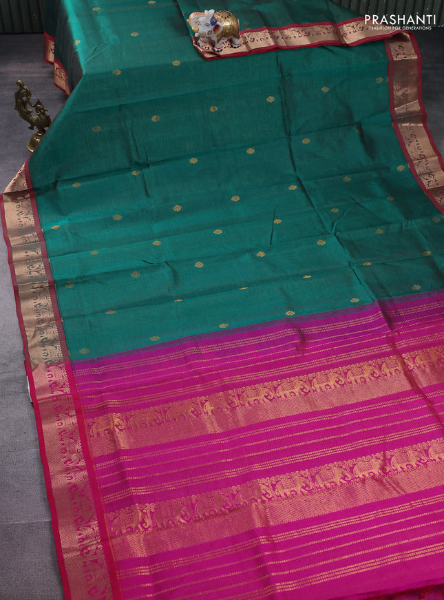 Silk cotton saree green and pink with allover vairosi weaves & buttas and elephant zari woven border