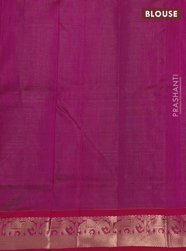 Silk cotton saree green and pink with allover vairosi weaves & buttas and elephant zari woven border