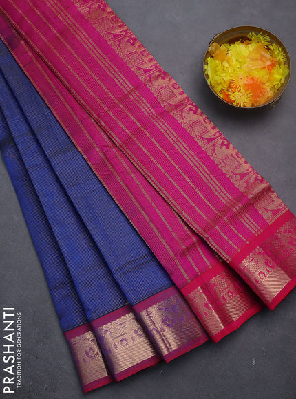 Silk cotton saree blue and pink with allover vairosi weaves & buttas and elephant zari woven border