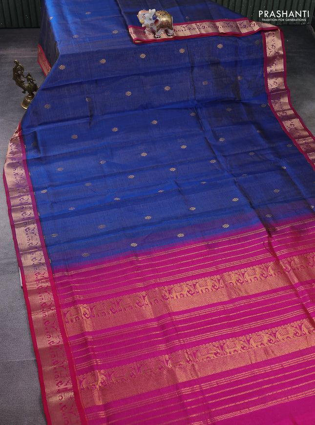 Silk cotton saree blue and pink with allover vairosi weaves & buttas and elephant zari woven border