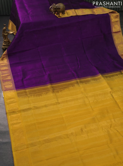 Silk cotton saree purple and yellow with allover self emboss jacquard and annam & rudhraksha zari woven border