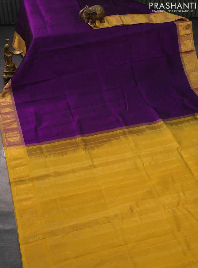 Silk cotton saree purple and yellow with allover self emboss jacquard and annam & rudhraksha zari woven border
