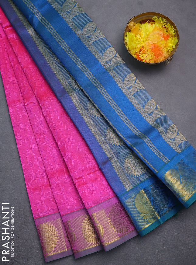 Silk cotton saree pink and dual shade of teal bluish green with allover self emboss jacquard and annam & rudhraksha zari woven border