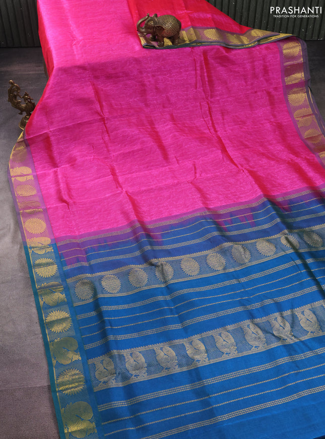 Silk cotton saree pink and dual shade of teal bluish green with allover self emboss jacquard and annam & rudhraksha zari woven border