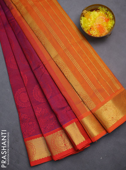 Silk cotton saree dual shade of reddish purple and orange with allover self emboss jacquard and annam zari woven border
