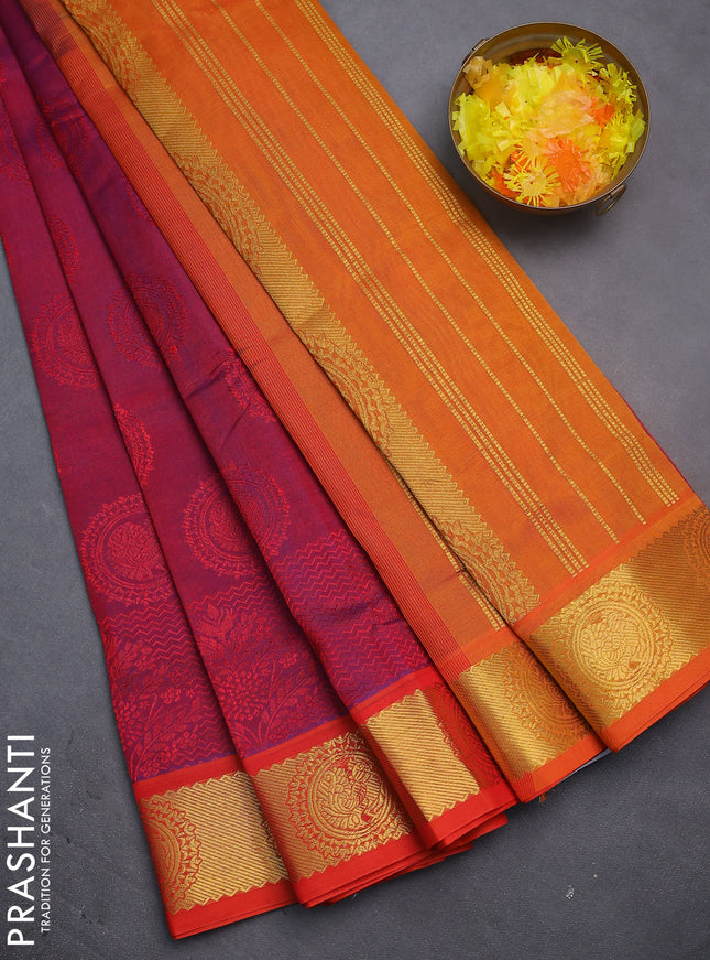 Silk cotton saree dual shade of reddish purple and orange with allover self emboss jacquard and annam zari woven border
