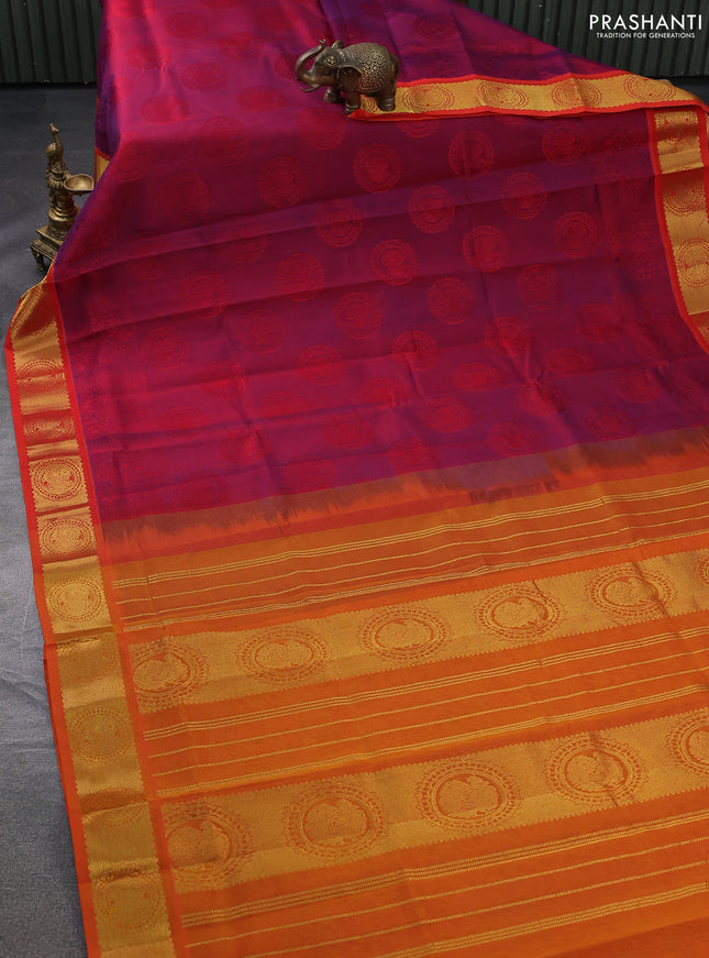 Silk cotton saree dual shade of reddish purple and orange with allover self emboss jacquard and annam zari woven border