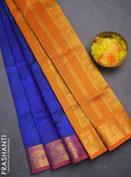 Silk cotton saree dual shade of blue and orange with allover self emboss jacquard and peacock zari woven border