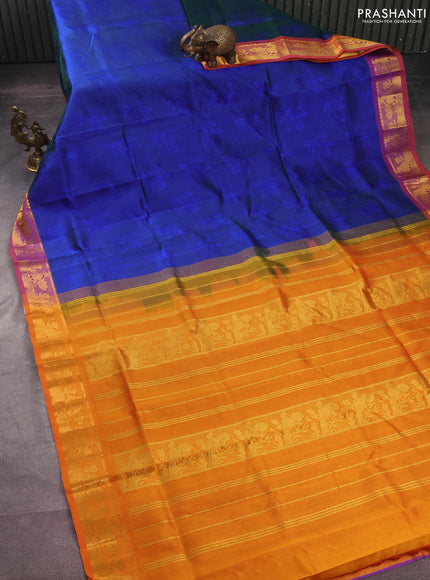 Silk cotton saree dual shade of blue and orange with allover self emboss jacquard and peacock zari woven border