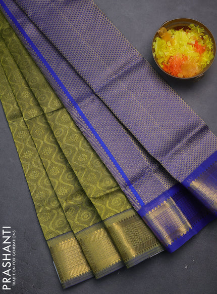 Silk cotton saree light green and blue with allover self emboss jacquard and zari woven border