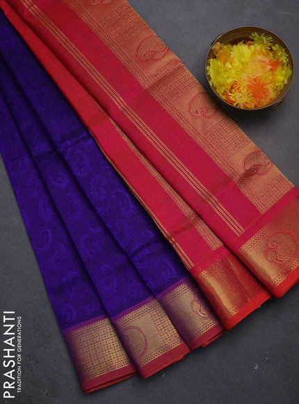 Silk cotton saree blue and dual shade of pinkish orange with allover self emboss jacquard and zari woven border