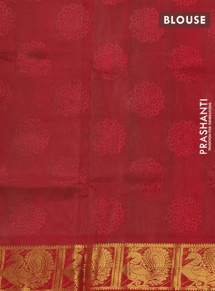 Silk cotton saree teal green shade and red with allover self emboss jacquard and annam zari woven border