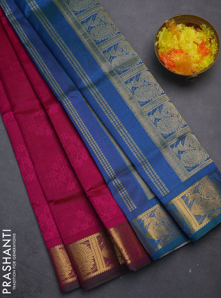 Silk cotton saree magenta pink and dual shade of teal bluish green with allover self emboss jacquard and annam zari woven border