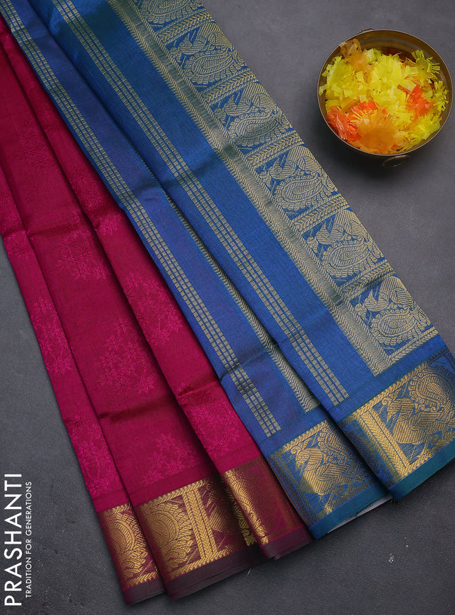 Silk cotton saree magenta pink and dual shade of teal bluish green with allover self emboss jacquard and annam zari woven border