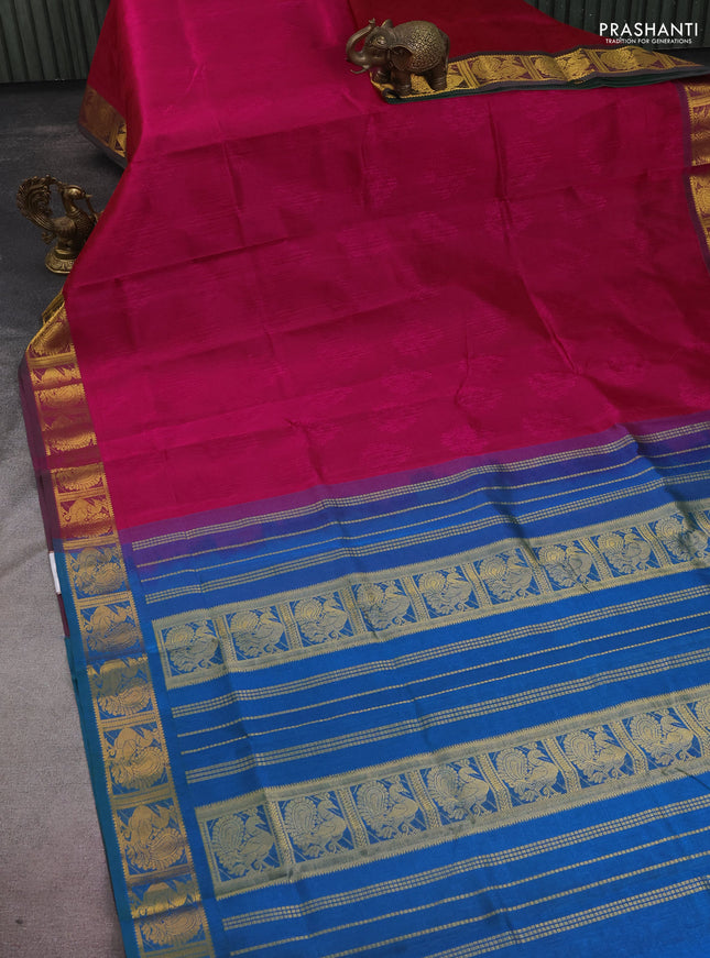 Silk cotton saree magenta pink and dual shade of teal bluish green with allover self emboss jacquard and annam zari woven border