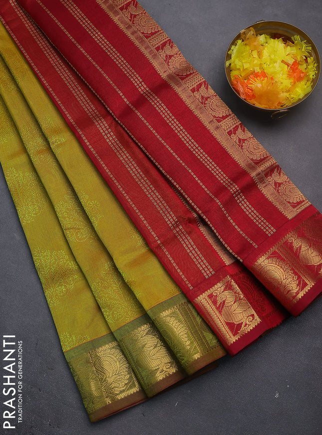 Silk cotton saree dual shade of lime yellow and red with allover self emboss jacquard and annam zari woven border