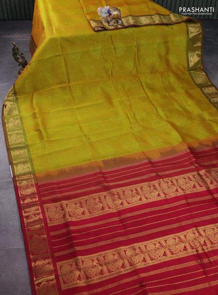 Silk cotton saree dual shade of lime yellow and red with allover self emboss jacquard and annam zari woven border