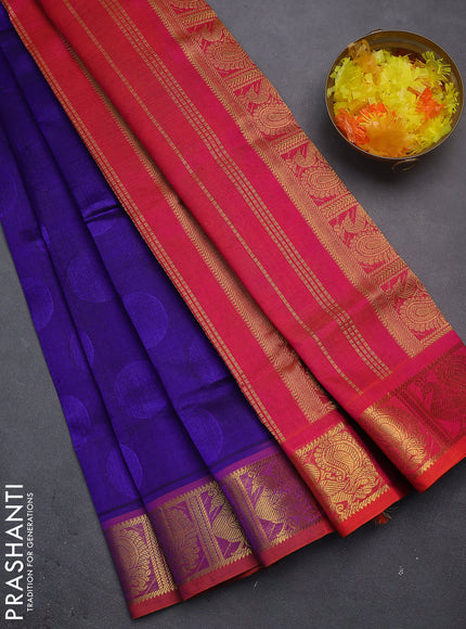 Silk cotton saree blue and dual shade of pinkish orange with allover self emboss jacquard and annam zari woven border