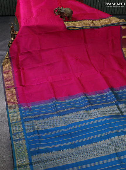 Silk cotton saree pink and dual shade of teal bluish green with allover self emboss jacquard and zari woven border