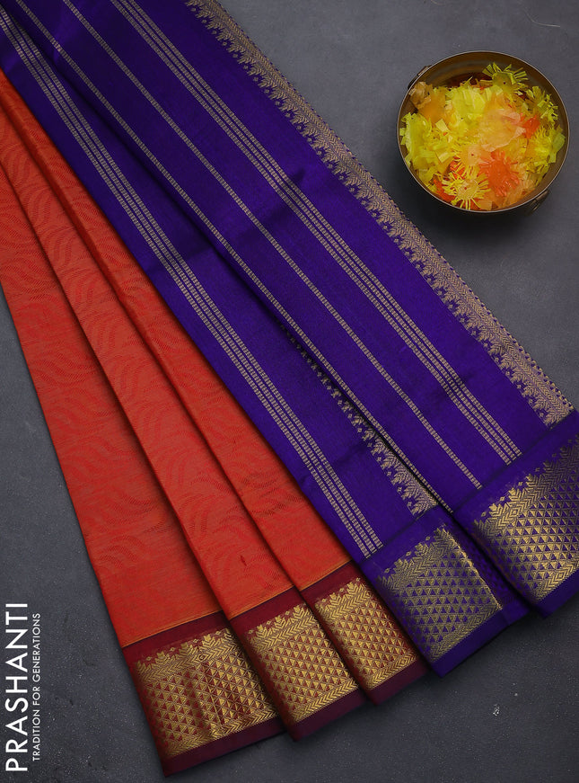 Silk cotton saree dual shade of orange and blue with allover self emboss jacquard and zari woven border